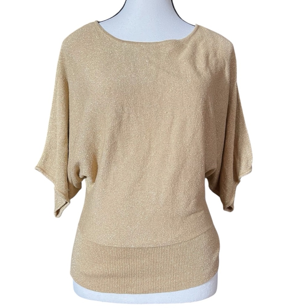 WORTHINGTON‎ Petite M Glitzy Metallic Gold Bat Wing Ribbed Hem Holiday Knit Top